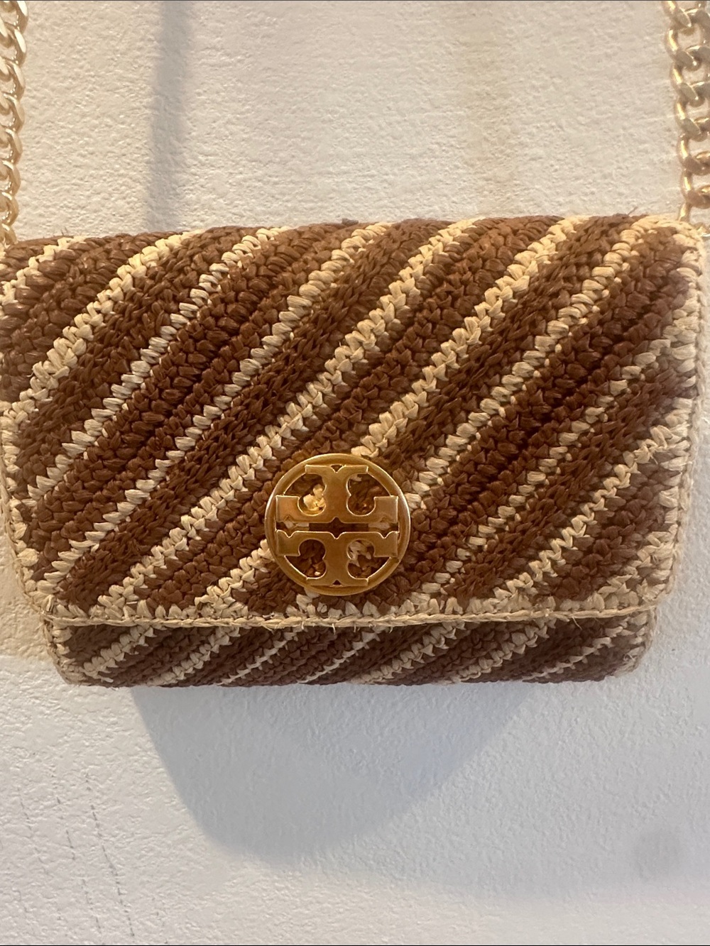 Tory Burch Brown and Cream Crochet Chain Crossbody